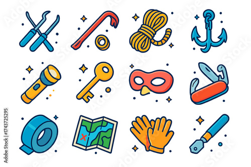 Escape Tool Icons. Escape tools. Colorful isometric vector icons set of escape tools: lockpick, crowbar, rope, grappling hook, flashlight, key, disguise mask,