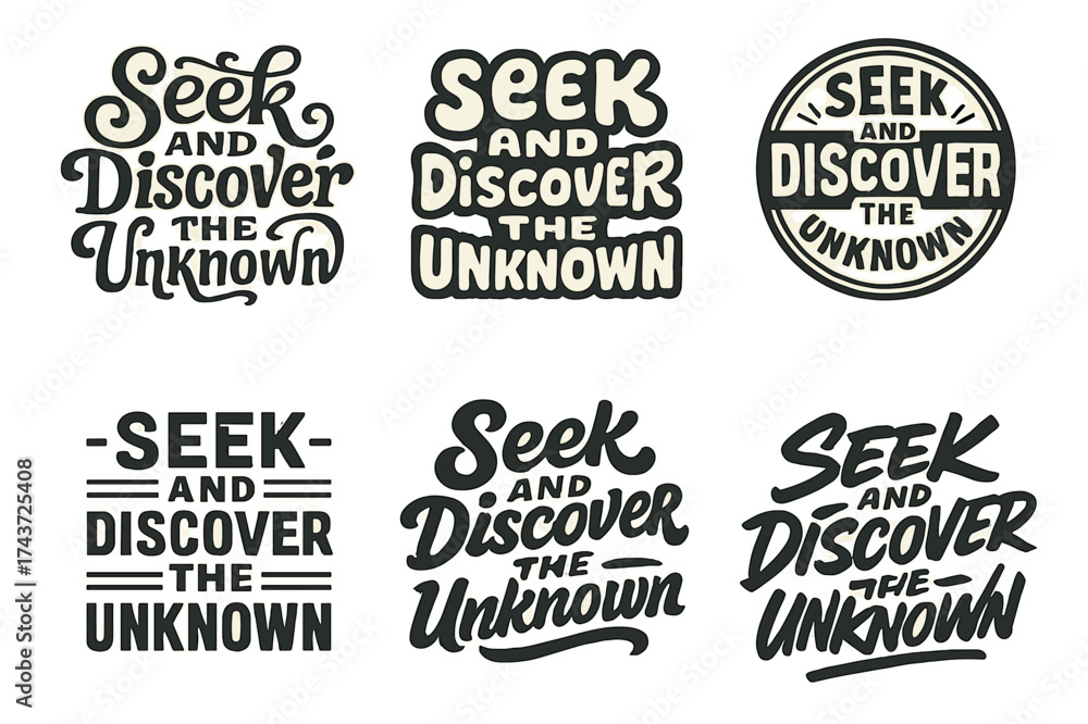 Fototapeta premium Explore Creative Typography. Seek and Discover the Unknown. Set lettering. harmonious lettering variations of the same emblematic concept, each with different