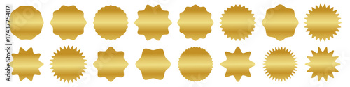 Set of gold starburst and seal icons, featuring a smooth metallic gradient. Collection of badges is perfect for creating official seals, quality guarantee stickers, or promotion sale tags