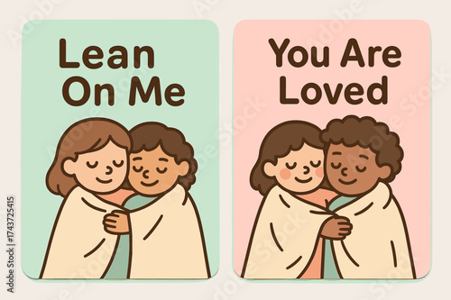 Supportive Hug Banners. Support. Two vertical A6 banners, cartoon, pastel mint and pink backgrounds, two characters hugging under a shared blanket, first