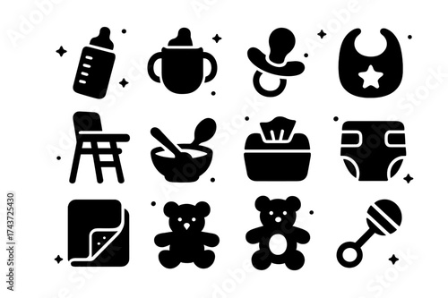Baby Feeding Icons. Feeding time. Solid icons set of Feeding time: baby bottle, sippy cup, pacifier, bib, high chair, bowl, spoon, wipes, diaper, blanket,
