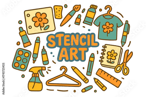 Stencil Art Supplies. Stencil Art. Hand-drawn doodle illustration of Stencil Art. Stencil sheet, sponge,