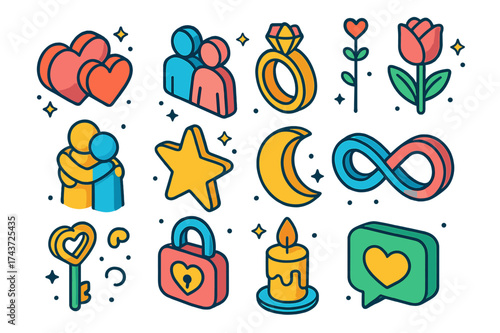 Soulmate Symbols Icons. Soulmates. Colorful isometric vector icons set of soulmates: two hearts, couple silhouette, ring, flower, hug, star, moon, infinity
