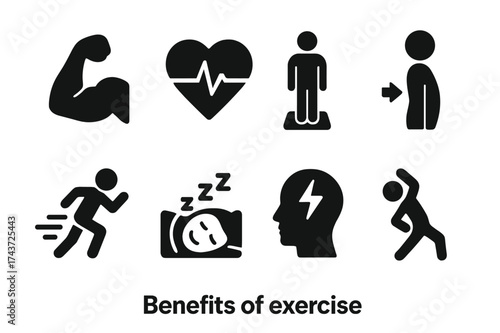 Exercise Benefits Icons. Benefits of exercise. Filled icon set of benefits of exercise: strong muscles,