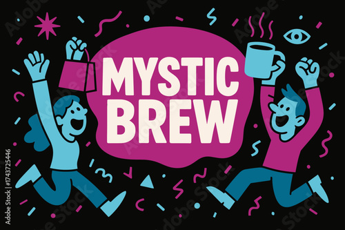 Mystic Brew Celebration. Mystic Brew banner, flat vector illustration, bold oversized text inside rounded blob, cartoon characters shouting and dancing,