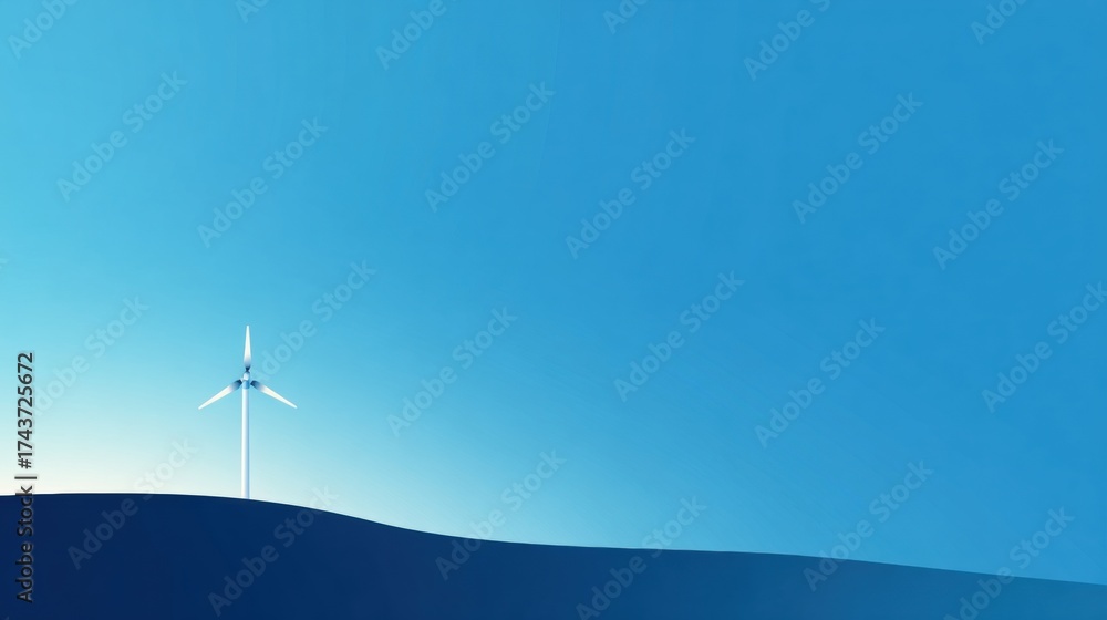 Obraz premium Clean, modern wind turbine stands tall against a vast, clear blue sky on a rolling hill, symbolizing sustainable energy and a bright future.