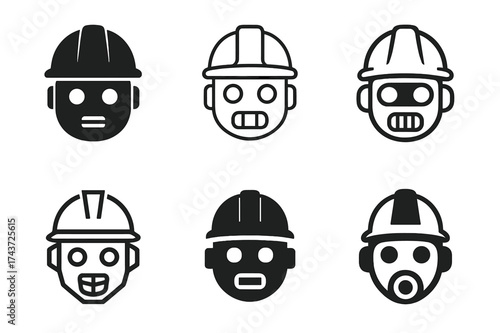 Robotic Helmet Logos. Robotic maintenance crews. Set Logo of helmet robot: robot head with construction helmet. harmonious logo variations of the