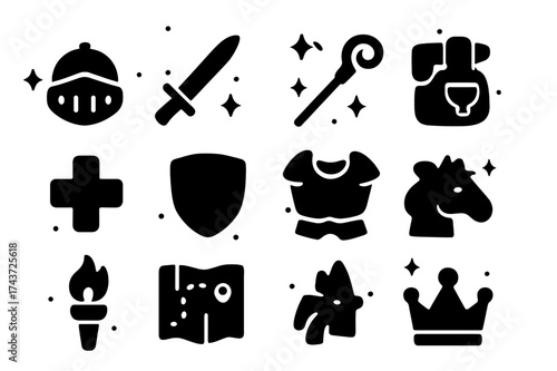 Heroic Icon Set. Heroes. Solid icons set of Heroes: knight helmet, warrior sword, archer bow, mage staff, healer cross, shield, armor chestplate, adventurer