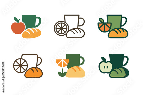 Picnic Logo Variations. A group of friends having a picnic in a park, enjoying nature and food. Set Logo of drinks and snacks: cups, fruit, and bread on picnic