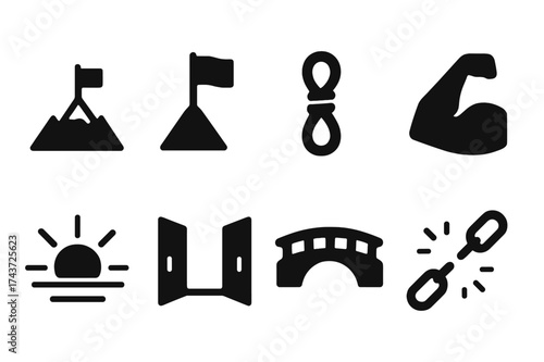 Overcome Icons Set. Overcome. Filled icon set of Overcome: mountain peak, flag on summit, climbing rope,