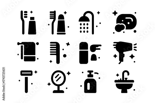 Essential Hygiene Icons. Hygiene. Solid icons set of toothbrush, toothpaste, shower, soap, towel, comb, deodorant, hairdryer, razor, mirror, lotion bottle,