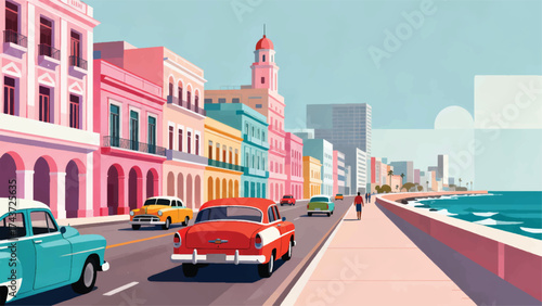 Illustration Of A Colorful Classic Car With Pastel Colonial Buildings Vector Design Template