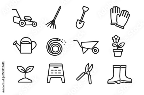 Backyard Care Icons. Backyard care. Line outline icon set of backyard care: lawn mower, rake, shovel, gloves,