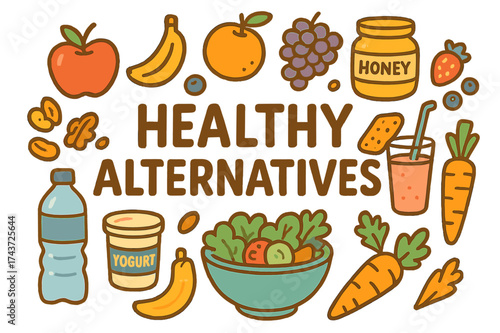 Healthy Snack Doodles. Healthy Alternatives. Hand-drawn doodle illustration of Healthy Alternatives. Apple,