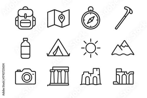 Traveler Icons Set. Traveler icons. Line icon set of traveler icons: backpack, map, compass, walking stick, water bottle, tent, sun, mountain, camera, ruins.