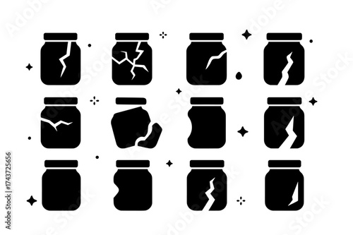 Broken Jar Icons. Empty jar broken forms. Solid icons set of cracked jar, shattered jar, chipped jar, leaking jar, open crack jar, broken lid jar, half jar,