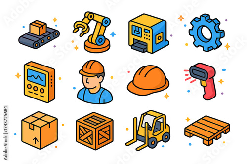 Colorful Assembly Line Icons. Assembly Line. Colorful isometric vector icons set of assembly line: conveyor belt, robotic arm, factory machine, gear, control
