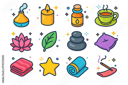 Relaxation Icons Grid. Relaxation. Colorful isometric vector icons set of relaxation: diffuser, candle, essential oil bottle, tea cup, lotus flower, leaf,