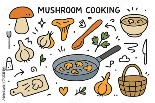 Mushroom Cooking Essentials. Mushroom Cooking. Hand-drawn doodle illustration frying pan (colored), porcini, chanterelle (colored), garlic, onion (colored),