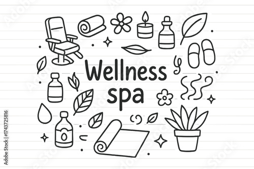 Wellness Spa Doodle. Wellness spa. Hand-drawn doodle illustration of Wellness spa. Massage chair, towel,