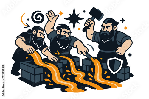 Dynamic Dwarven Workshop. Molten rivers. Lava-like streams glowing as they flow through carved stone channels of dwarven workshop. Floating spark, swirl, and