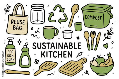 Eco-Friendly Kitchen Essentials. Sustainable Kitchen. Hand-drawn doodle illustration reusable bag (colored), glass jar, compost bin (colored), wooden spoon,