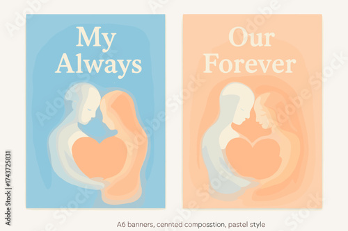 Soulmates in Pastels. Soulmates. Two vertical A6 banners with safe margins, centered composition, no elements touching edges, pastel style, sky blue and peach,