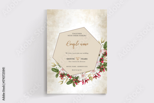 WEDDING INVITATION FRAME WITH FLOWER DECORATIONS AND FRESH LEAVES