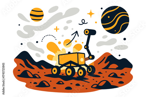 Mars Rover Adventure. Mars rover exploration. A glowing rover traversing red rocky terrain, abstract floating dust and orbiting planets emphasizing discovery.