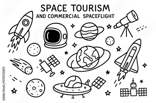 Space Tourism Icons. Space tourism and commercial spaceflight. Hand-drawn doodle illustration space tourism and commercial spaceflight spaceship, astronaut