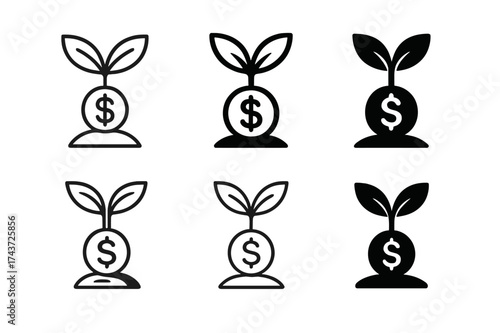 Startup Growth Logos. Investing in startups. Set Logo of seed growth: sprouting plant with investment coin. harmonious logo variations of the same emblematic