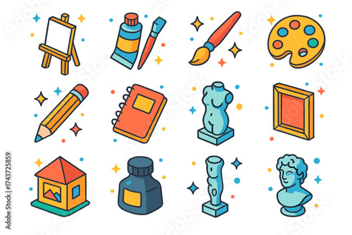 Colorful Fine Arts Icons. Fine Arts. Colorful isometric vector icons set of fine arts: easel, canvas, paint tube, paintbrush, palette, pencil, sketchbook,