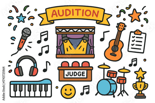 Colorful Music Audition. Music audition. Colorful Hand-drawn doodle Children illustration Music audition microphone, guitar, keyboard, drum set, headphones,
