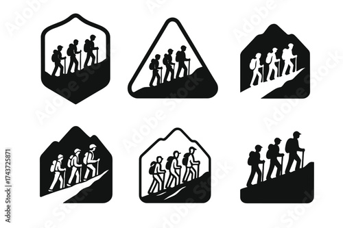 Hiking Group Logo Variations. Strengthening relationships through shared experiences. Set Logo of hiking group: silhouettes walking up a mountain trail.