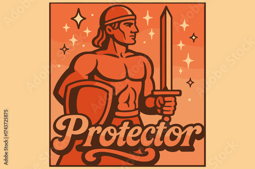 Retro Protector Poster. Protector. 70s poster vibe, warm gradient fills, thick outlines, offset shadows,