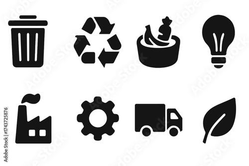 Waste Reduction Icons. Waste reduction. Filled icon set of Waste reduction: trash bin, recycling symbol,