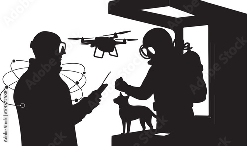 Silhouette of two figures operating a drone and interacting with a dog under a structure with technological elements