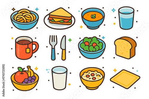 Everyday Meal Icons. Everyday Meals. Colorful isometric vector icons set of Everyday Meals: pasta bowl, sandwich plate, soup bowl, water glass, mug of tea,