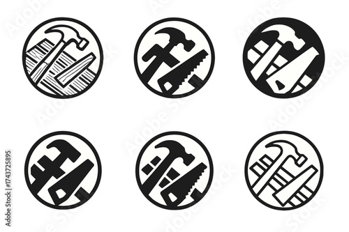Deck Builder Logos. Deck builders constructing wooden decks. Set Logo of construction badge: circular emblem with hammer, deck planks, and saw. harmonious logo