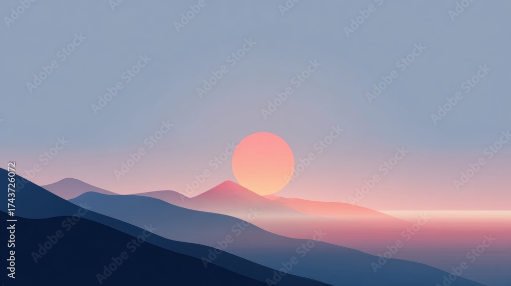 Fototapeta premium Serene minimalist landscape with a vibrant sunset over rolling hills and a calm ocean horizon, evoking peace and tranquility