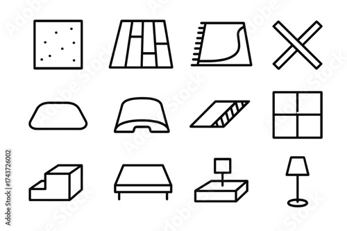 Stage Flooring Icons. Stage flooring. Line icon set of stage flooring: concrete floor, wooden plank, rug, tape markings, stage mat, cable cover, non-slip