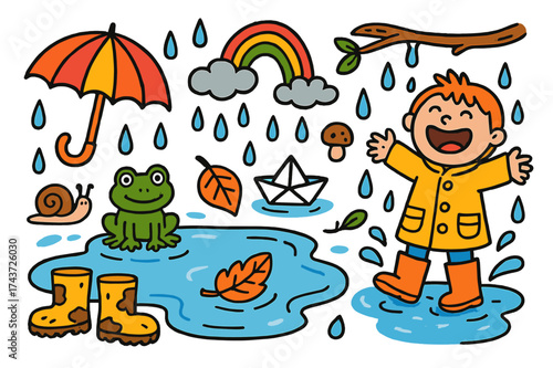 Rainy Day Fun. Puddle. Colorful Hand-drawn doodle Children illustration Puddle splash, rubber boots, umbrella, raincoat, frog, snail, paper boat,