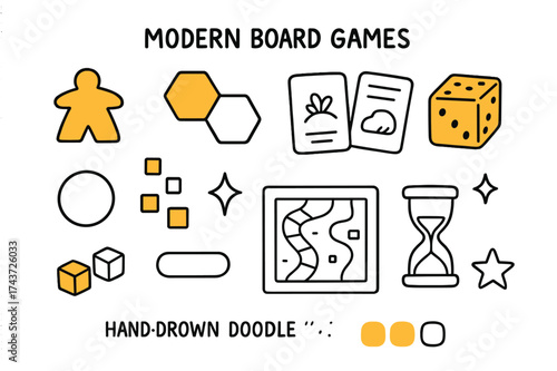 Modern Board Games Art. Modern Board Games. Hand-drawn doodle illustration meeple (colored), hex tiles (colored), resource cards, dice (colored), token, wooden