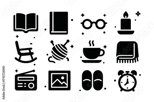 Calming Icon Collection. Relaxing ambiance objects of calm. Solid icons set of book, journal, glasses, candle, rocking chair, knitting yarn, cup of tea, soft
