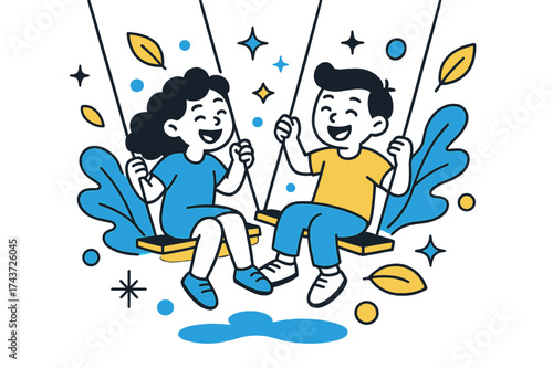 Glowing Swings Friendship. Friends swinging. Two kids side by side on glowing swings, abstract floating leaves, stars, and circles showing shared joy. Modern