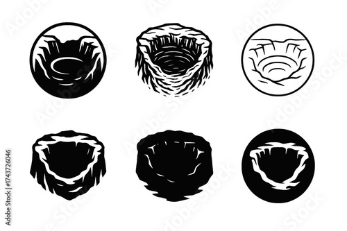 Symbolic Pit Logos. Cavernous pits filled with despair. Set Logo of Conceptual art: symbolic pit of sorrow. harmonious logo variations of the same emblematic