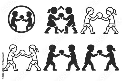 Teamwork Sports Logos. Children playing sports or engaging in physical activities. Set Logo of teamwork: children passing ball between them. harmonious logo