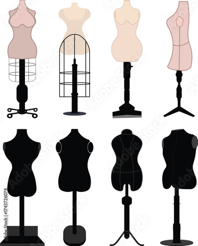 Elegant Mannequin Collection Depicting Fashion Design and Dressmaking Displays for Garment Creation and Tailoring Purposes