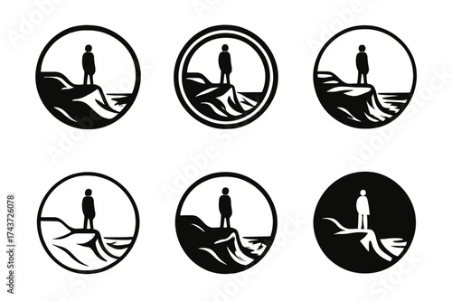 Ocean View Logos. A person standing on a cliff overlooking the ocean, with waves crashing below. Set Logo of circle view: scene framed inside circular emblem.