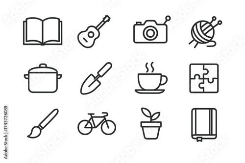 Weekend Hobby Icons. Weekend hobbies. Line outline icon set of weekend hobbies: book, guitar, camera, knitting